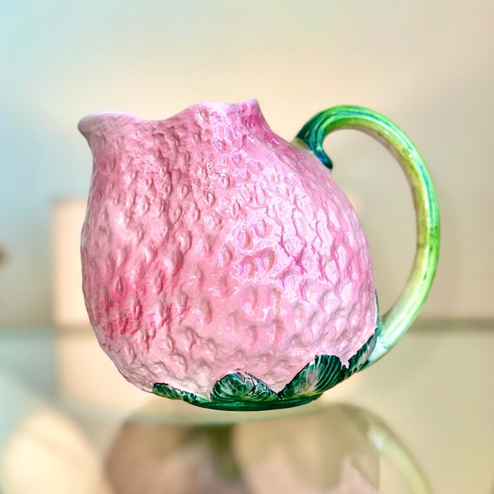 Ceramic Strawberry Fruit Textured Pitcher Pink Green White Made in Italy